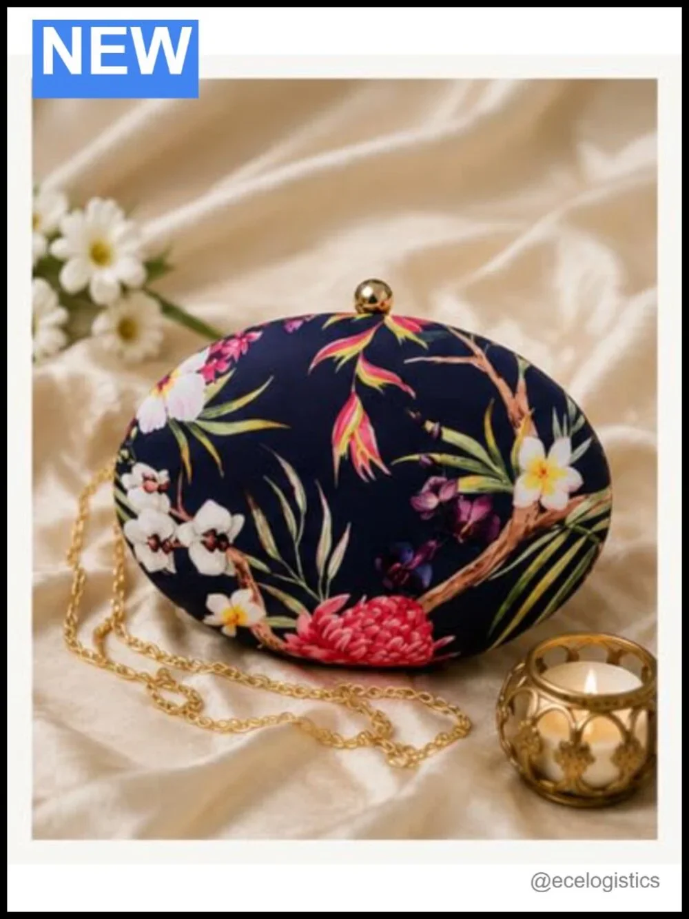 Formal Oval Clutch Purse with Floral Print for Weddings and Parties